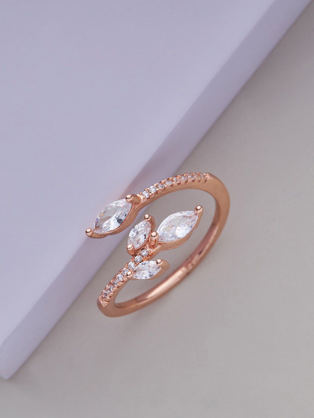 Kushal's Fashion Jewellery Rose Gold-Plated White CZ-Studded Adjustable Finger Ring Price in India