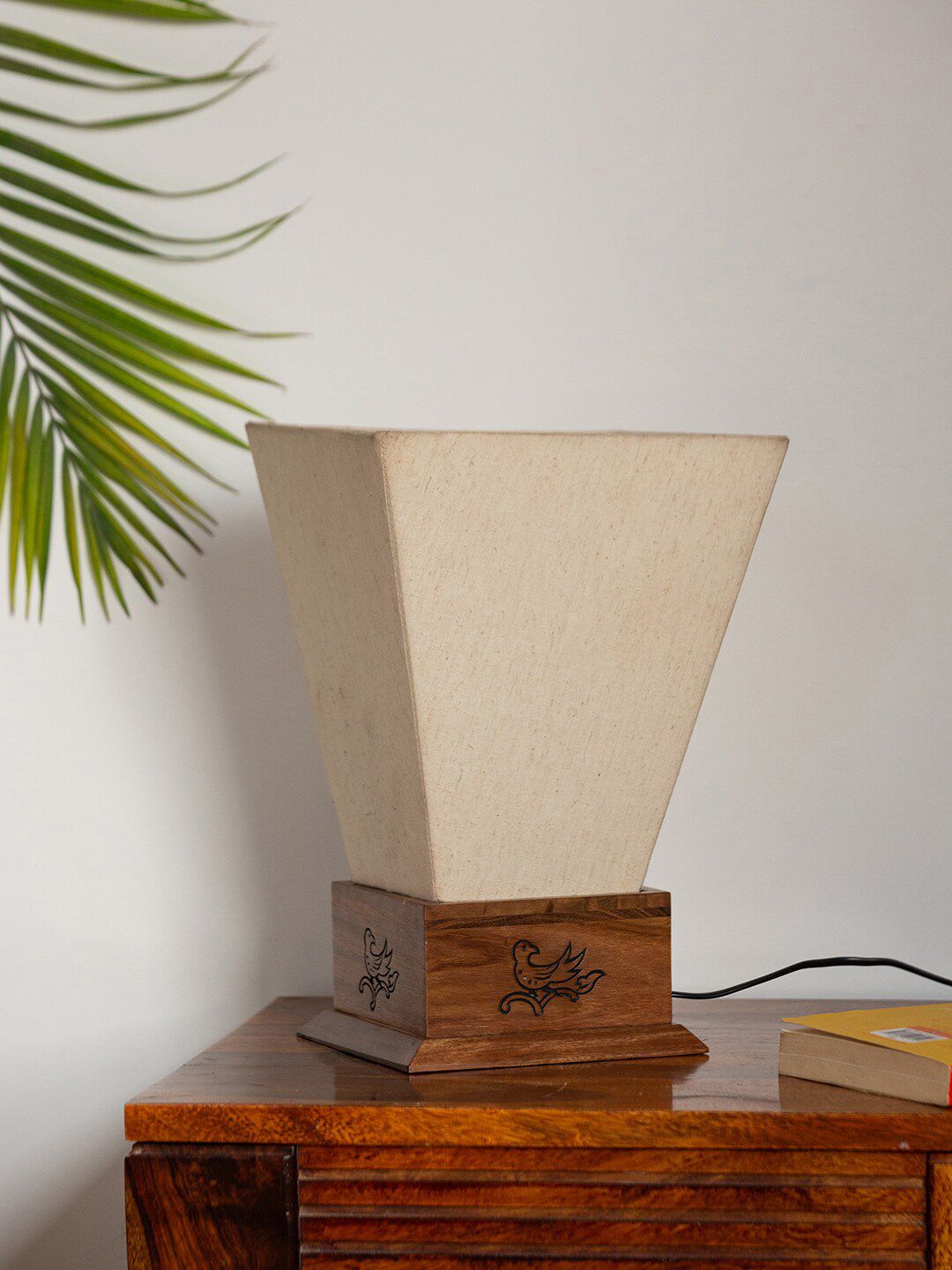 ExclusiveLane Cream-Coloured & Brown Birds Hand-Carved Wooden Pyramid Table Lamp Price in India
