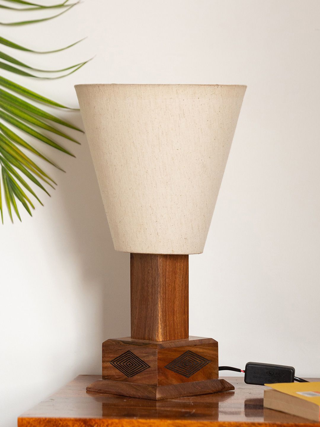 ExclusiveLane Cream-coloured  Brown Hand-Carved Wooden Conical Table Lamp Price in India