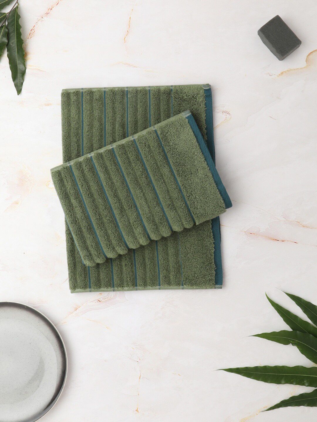 SPACES Set of 2 Olive Green 575 GSM Pure Cotton Ribbed Hand Towel Price in India