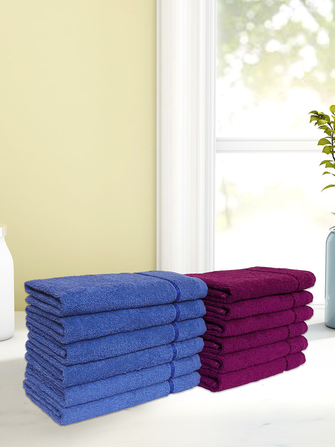 SPACES Set of 12 Navy Blue & Magenta Solid Pure Cotton 380 GSM Hand Towels Price in India