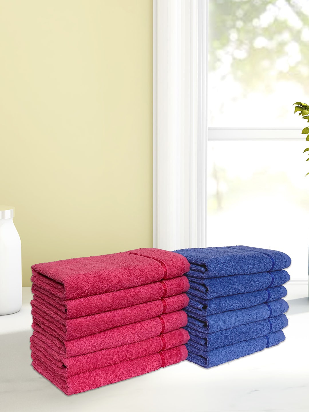 SPACES Set of 12 Navy Blue & Pink Solid 380 GSM Cotton Hand Towels Price in India