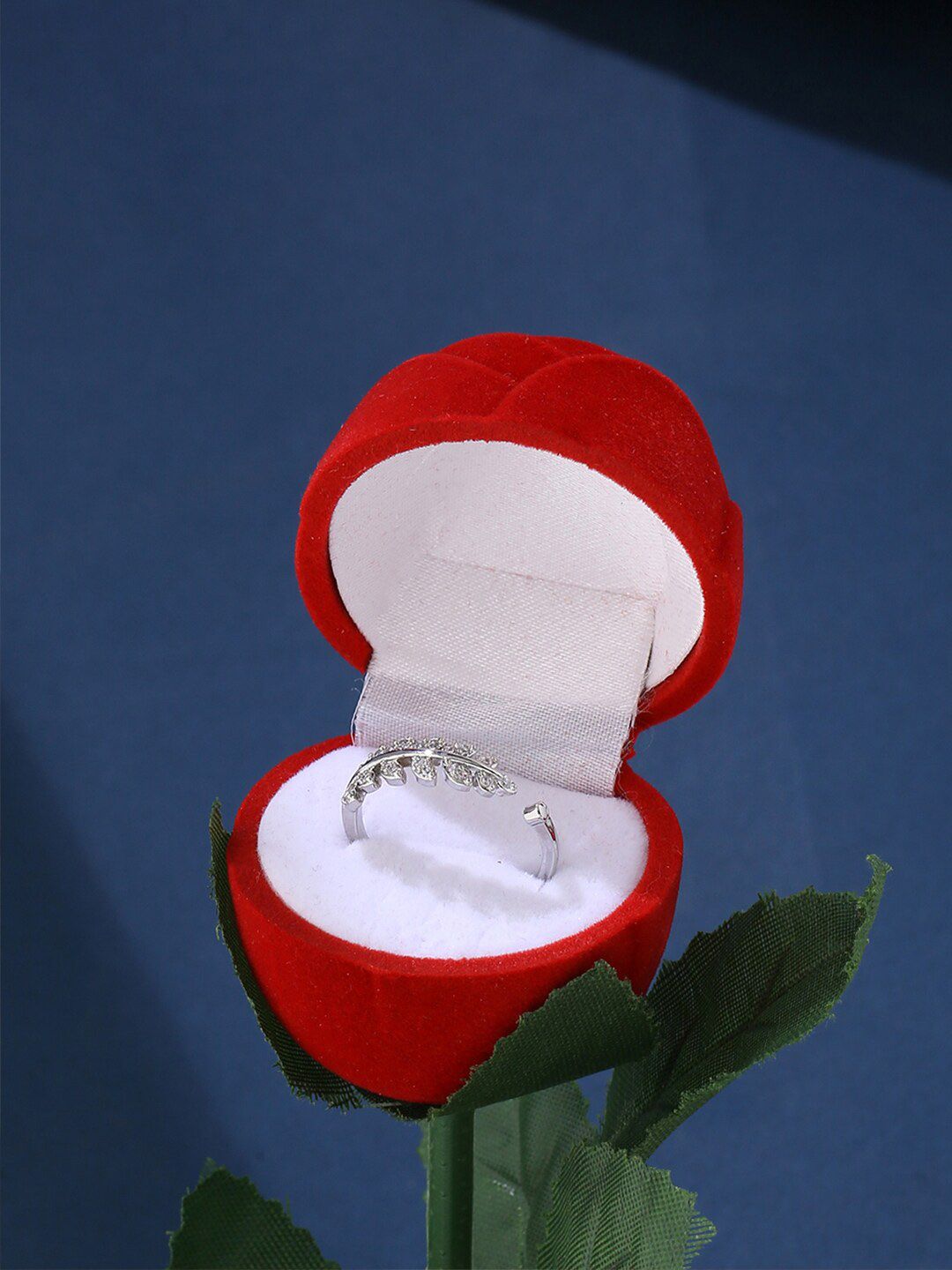 Yellow Chimes Silver-Plated & White Crystal-Studded Finger Ring In Rose Ring Box Price in India