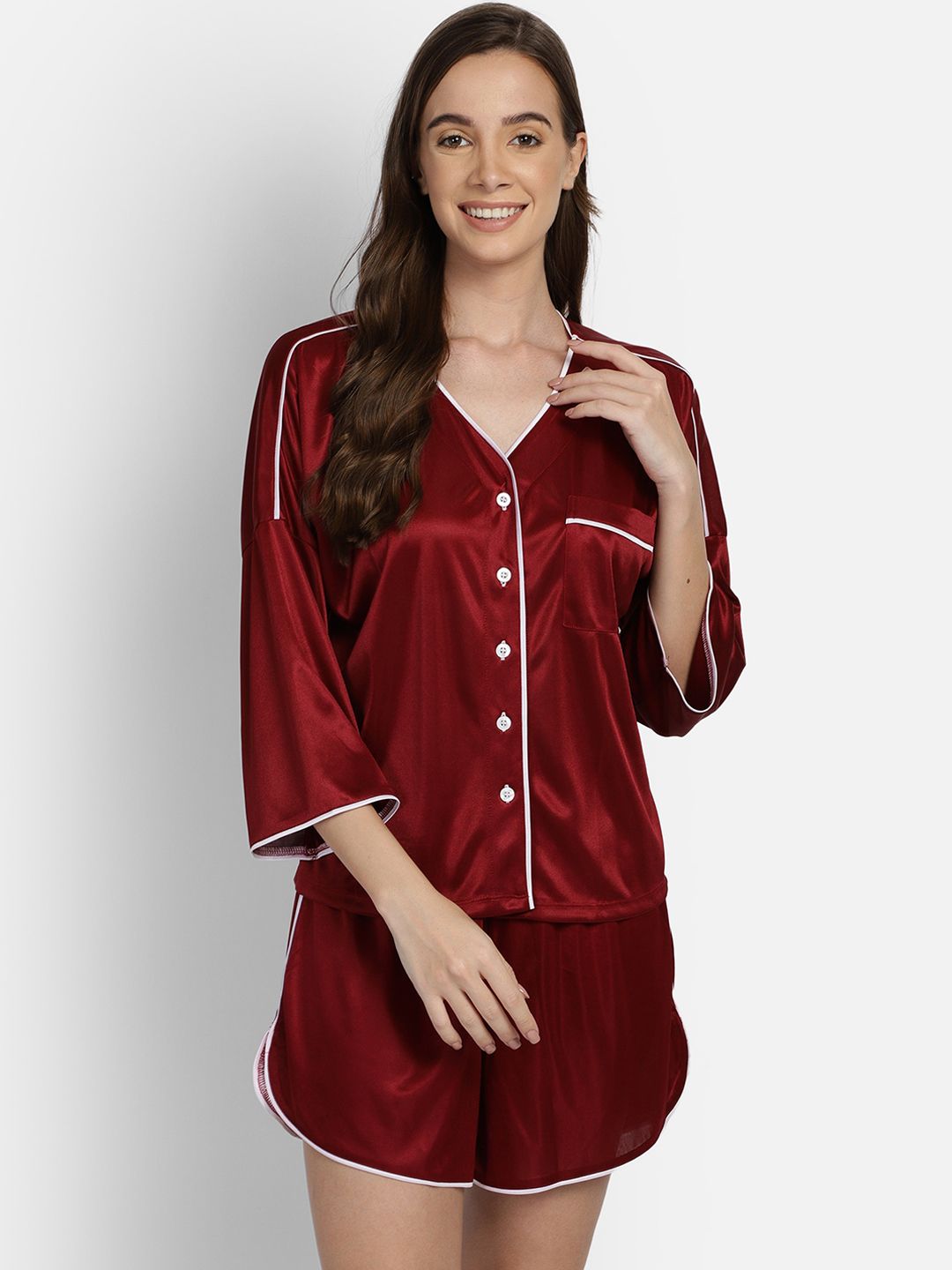 YOU FOREVER Women Maroon & White Solid Satin Night Suit Price in India