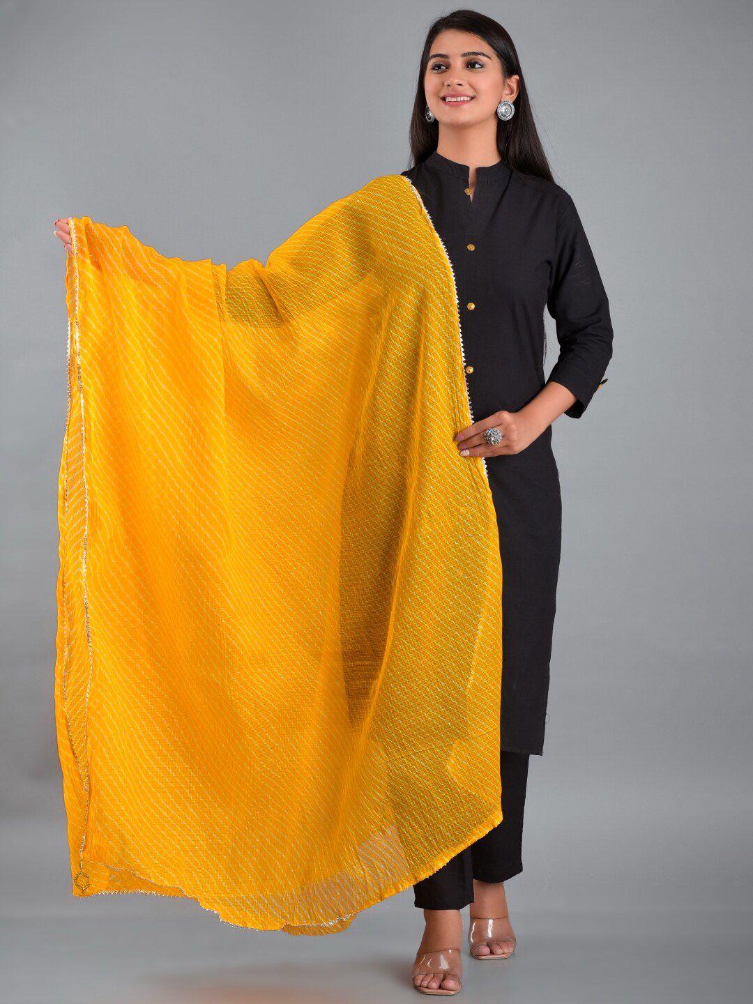 Apratim Yellow & White Striped Leheriya Dupatta Price in India