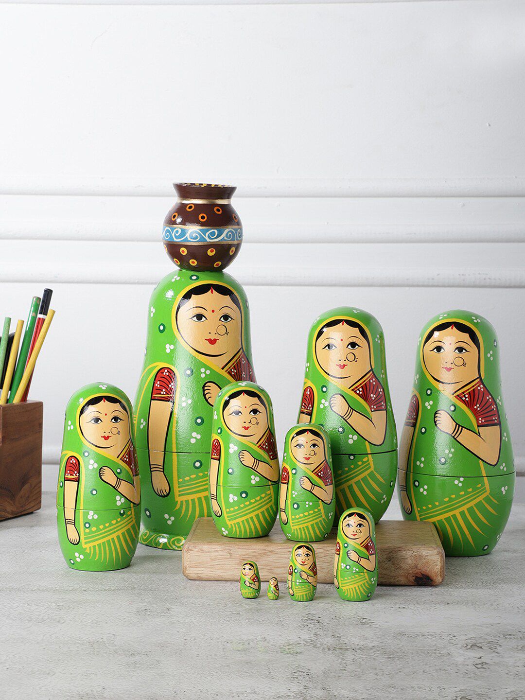 VarEesha Set of 10 Green Hand painted Wooden Dolls Price in India
