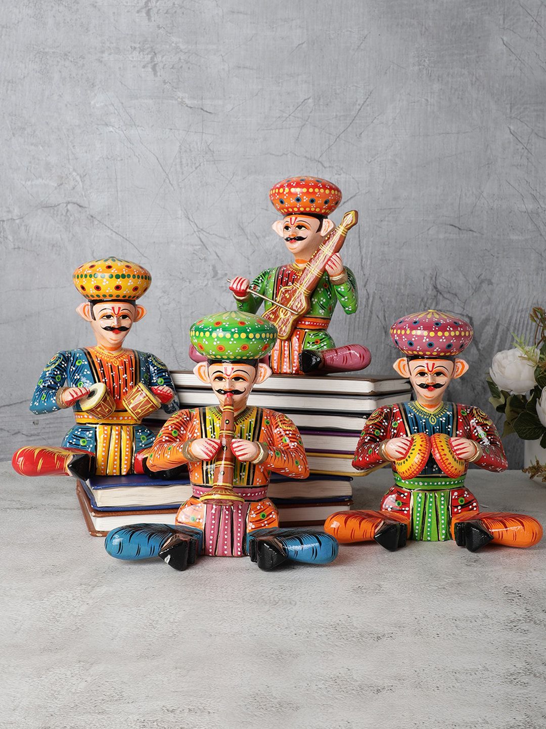 VarEesha Set of 4 Yellow & Blue Hand Painted Musician Showpieces Price in India