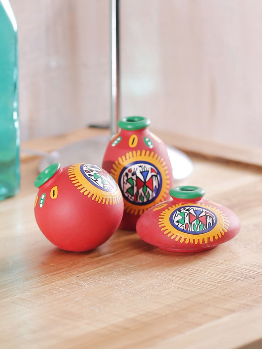 VarEesha Set Of 3 Red & Yellow Hand Painted Red Warli Tiny Terracotta Pots Set Showpiece Price in India