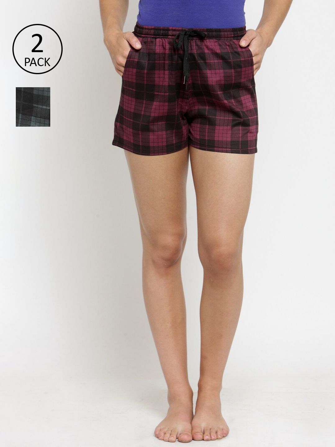 Boston Club Women Maroon & Green Set Of 2 Printed Cotton Lounge Shorts Price in India