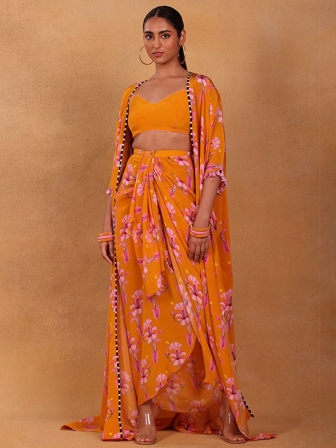 Masaba Women Yellow & Pink Floral Bralette with Skirt