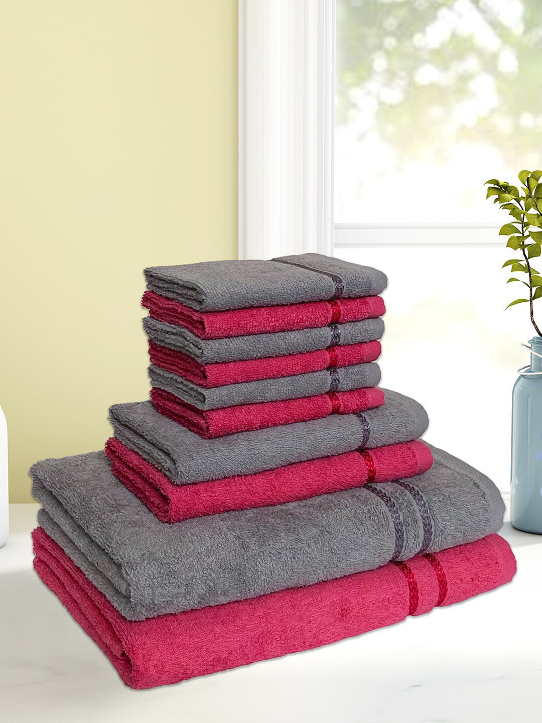 SPACES Set Of 10 Solid 380 GSM Pure Cotton Towel Set Price in India