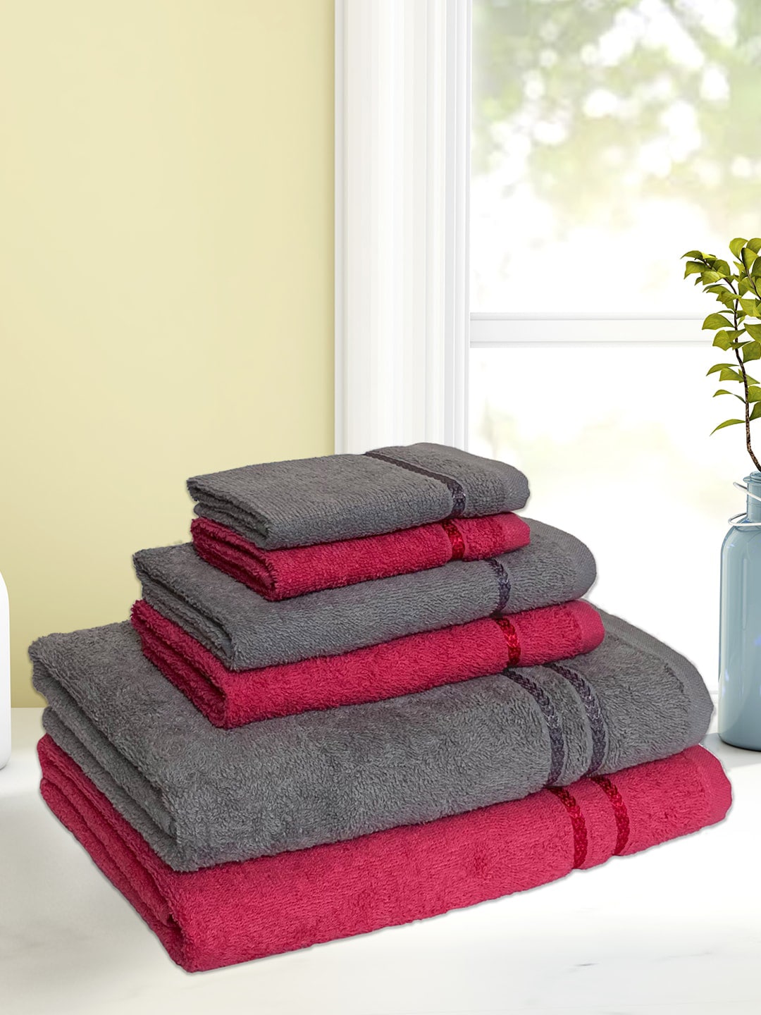 SPACES Set of 6 Grey & Coral Solid Cotton Towel Set Price in India