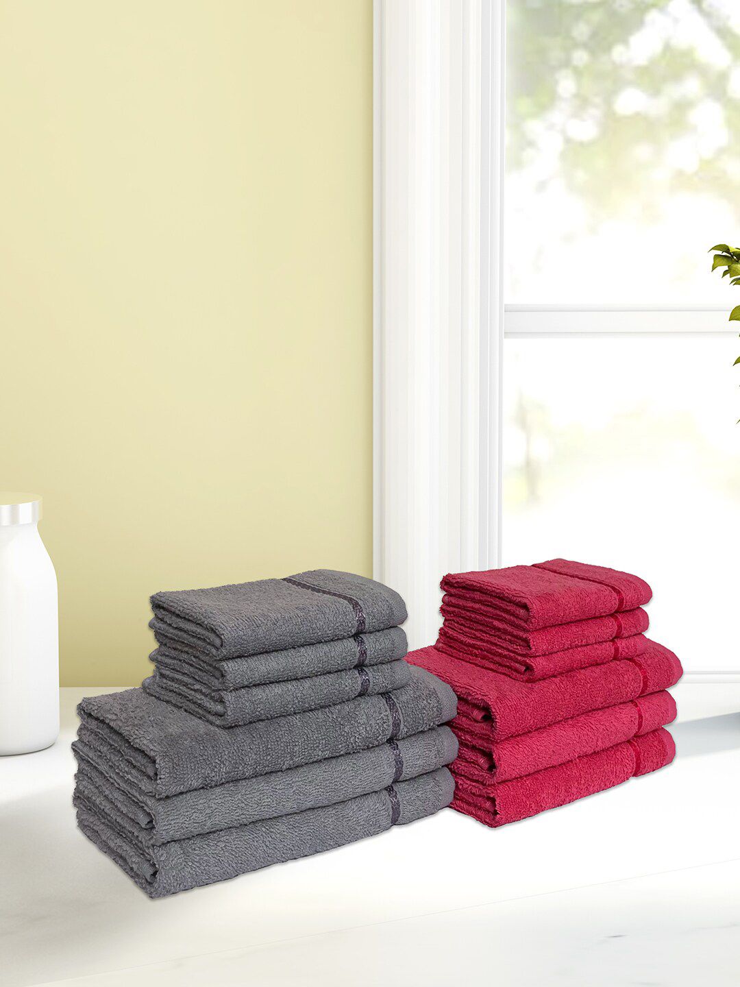 SPACES Coral & Grey Set Of 12 Solid 380 GSM Cotton Towel Set Price in India
