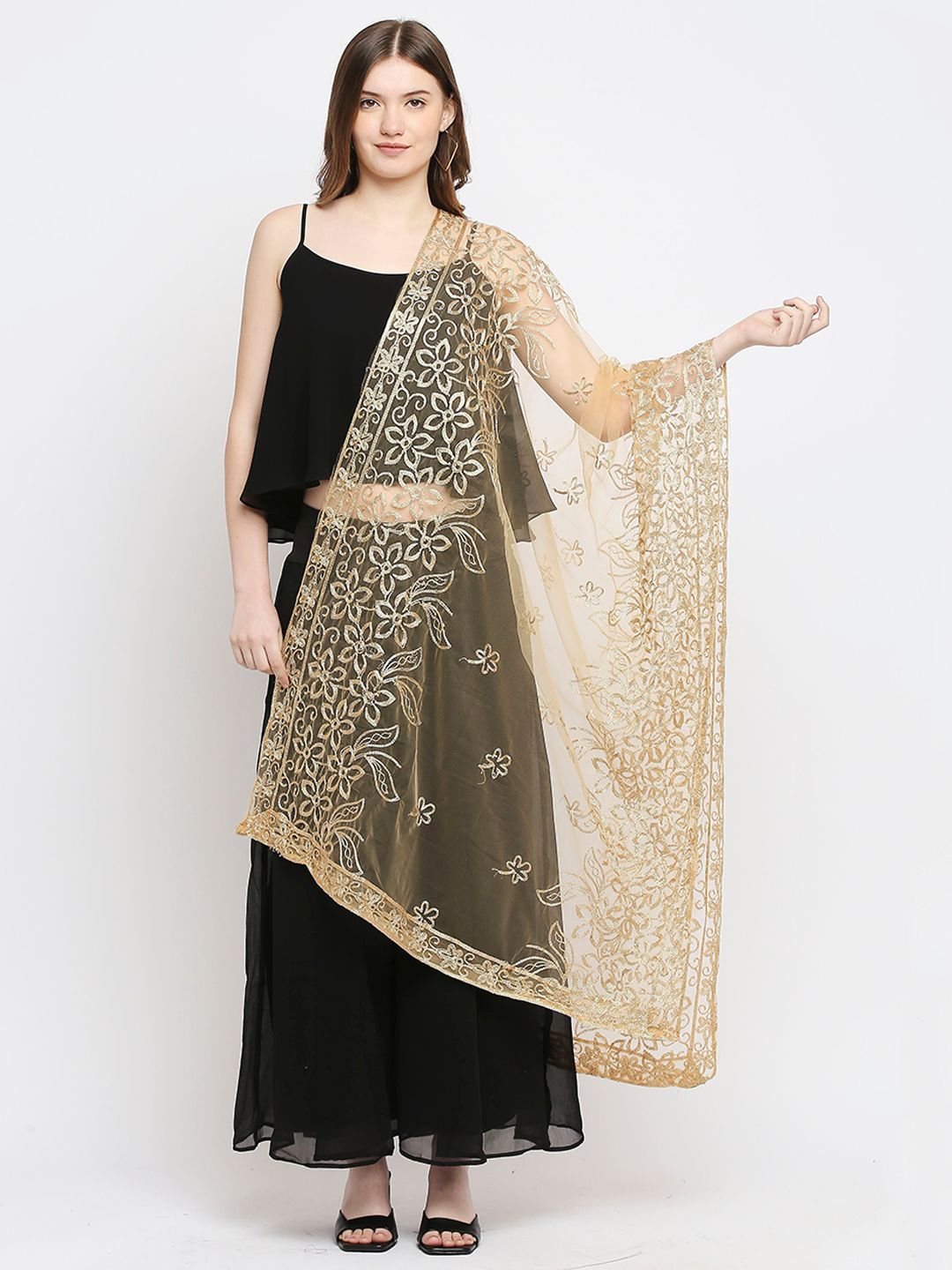 Ira Soleil Gold-Toned Ethnic Motifs Embroidered Dupatta with Thread Work Price in India