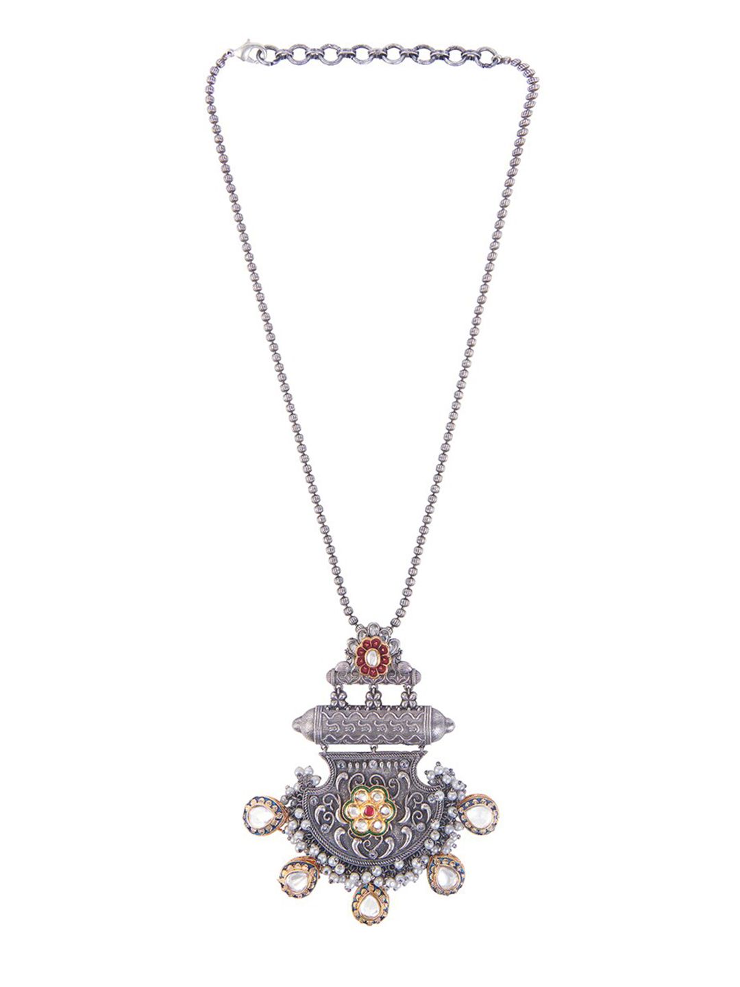 CURIO COTTAGE Red & Silver-Toned Silver-Plated Oxidised Long Necklace Price in India