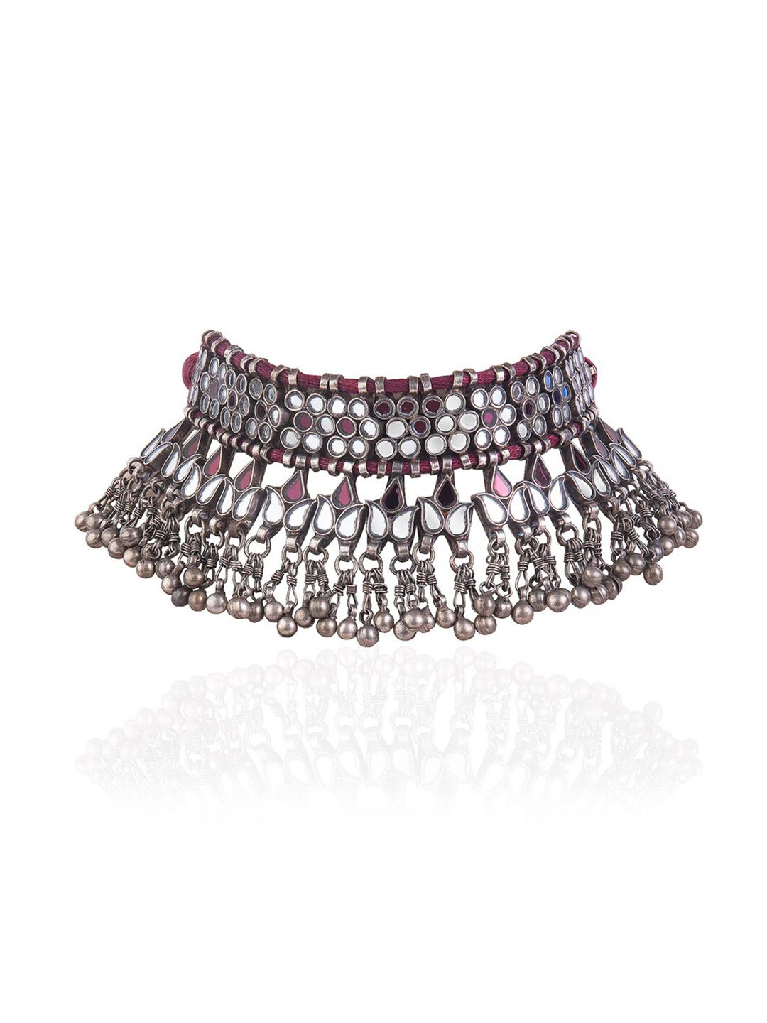 CURIO COTTAGE Red & Silver-Toned Silver-Plated Oxidised Choker Necklace Price in India