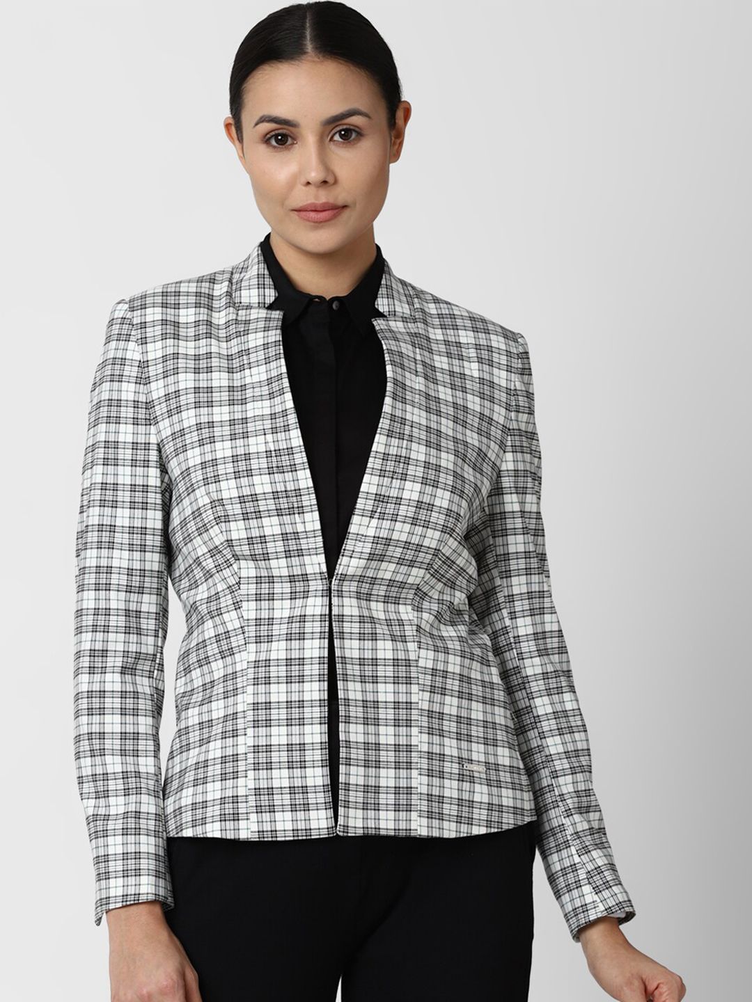 Van Heusen Woman Women Grey & White Checked Single-Breasted Casual Blazer Price in India