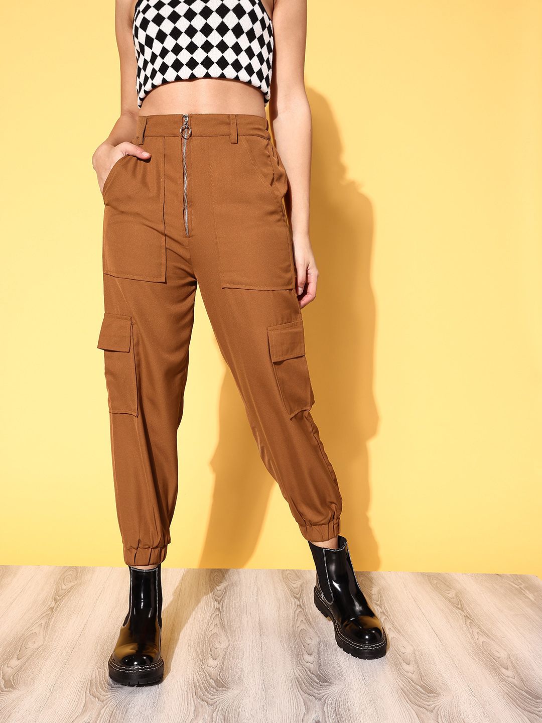 plusS Women Brown Solid Y2K Cargo Trousers Price in India