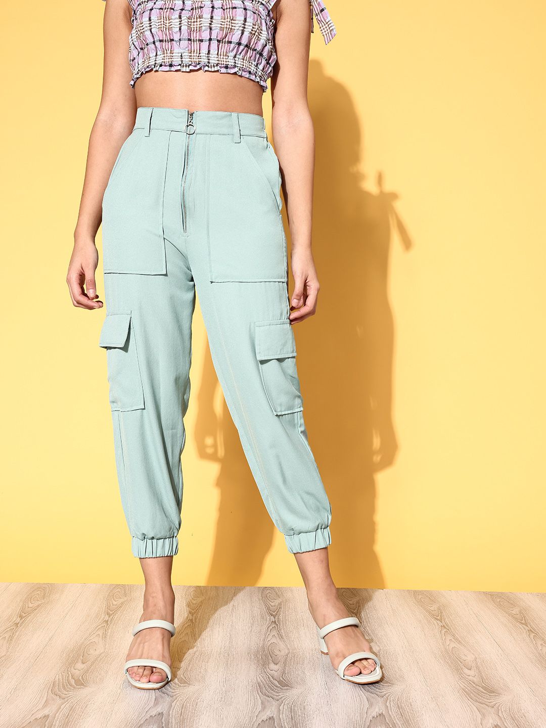 plusS Women Chic Sea Green Solid Y2K Cargo Trousers Price in India