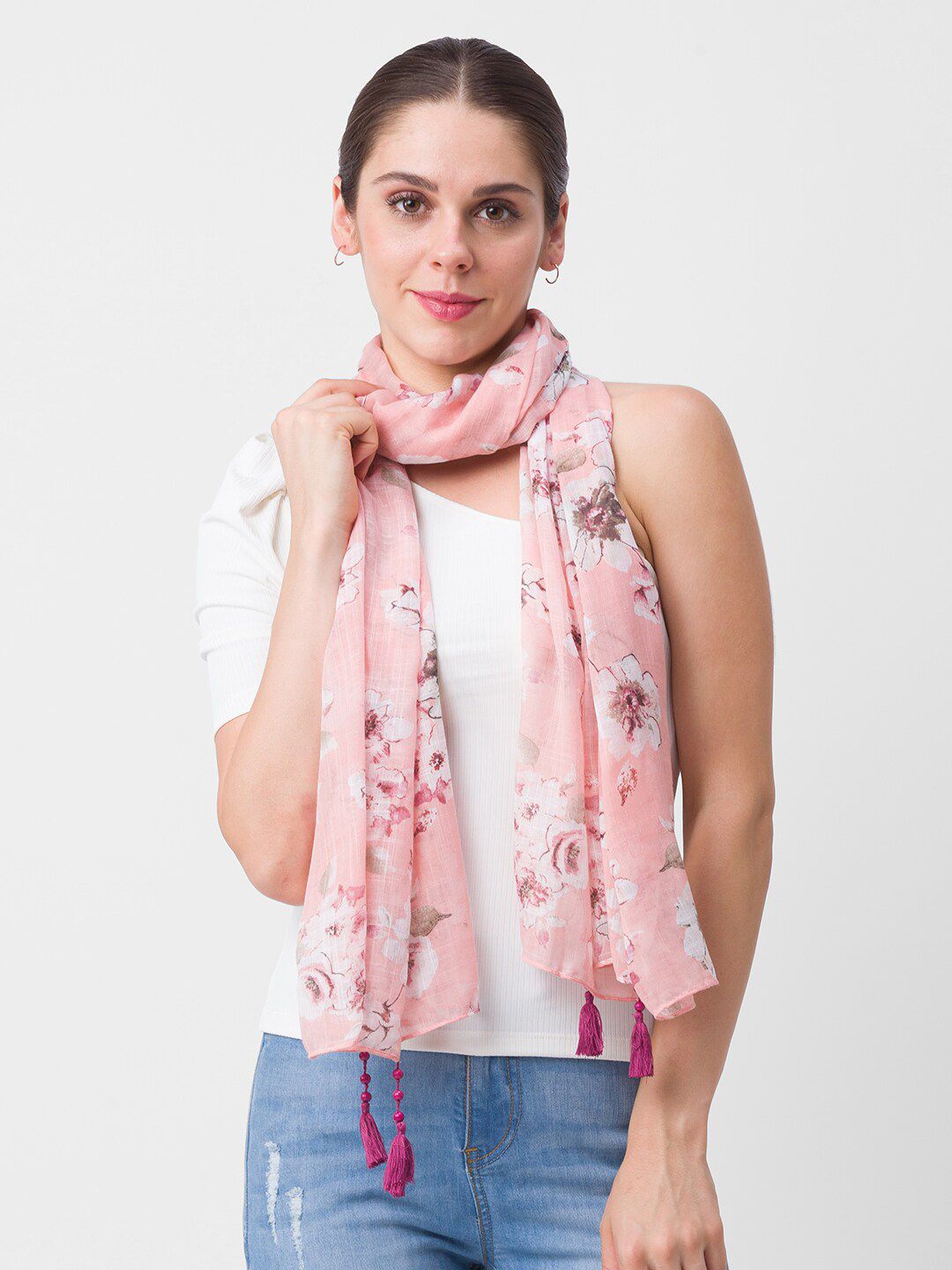 Globus Women Pink & White Printed Scarf Price in India