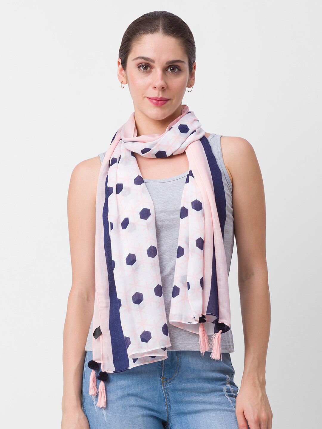 Globus Women Pink & White Printed Scarf Price in India