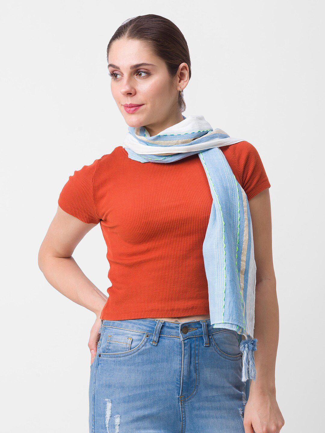 Globus Women Blue & Golden Printed Scarf Price in India