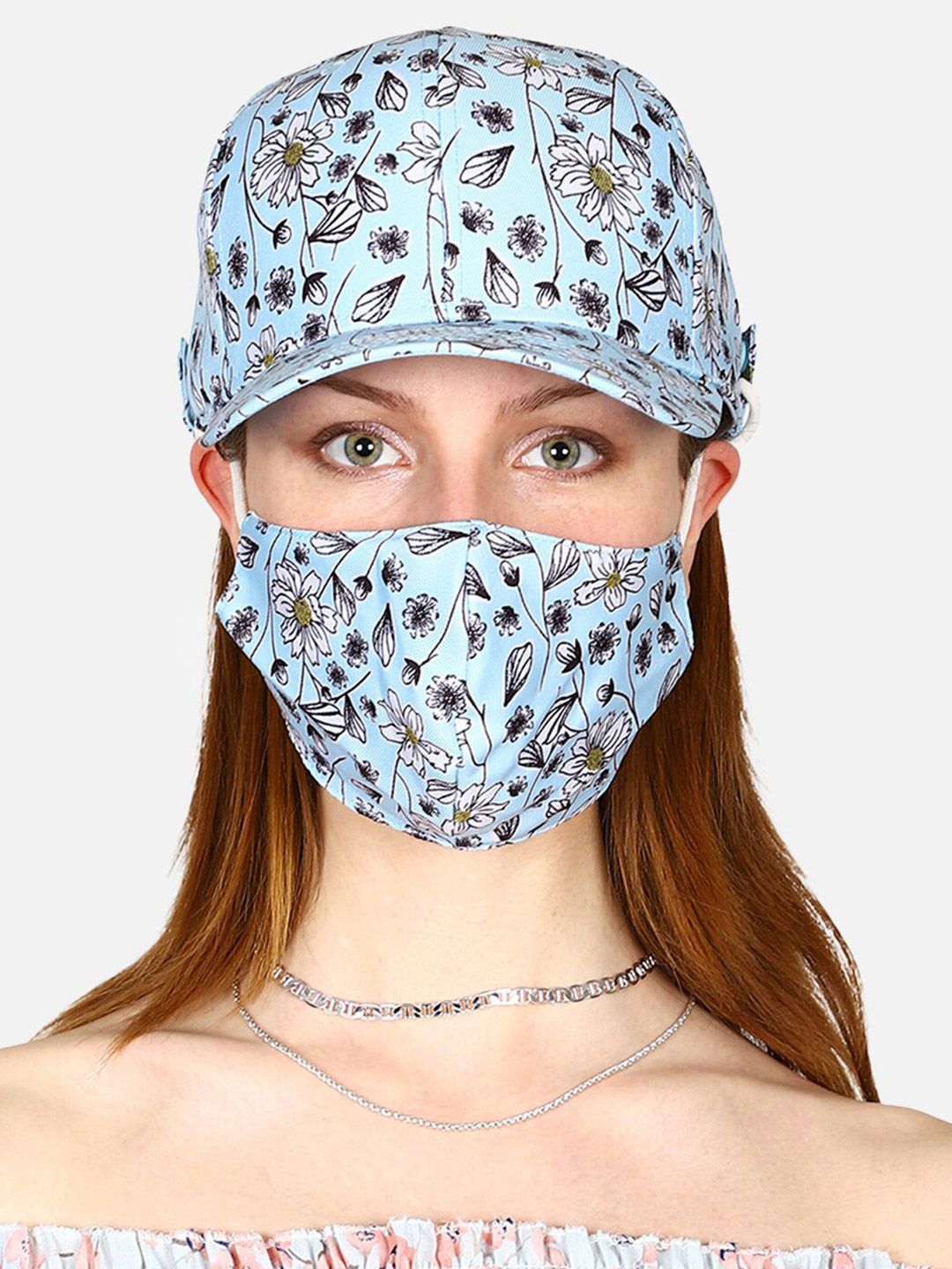 Free Authority Women Blue & White Printed Baseball Cap with Mask Price in India