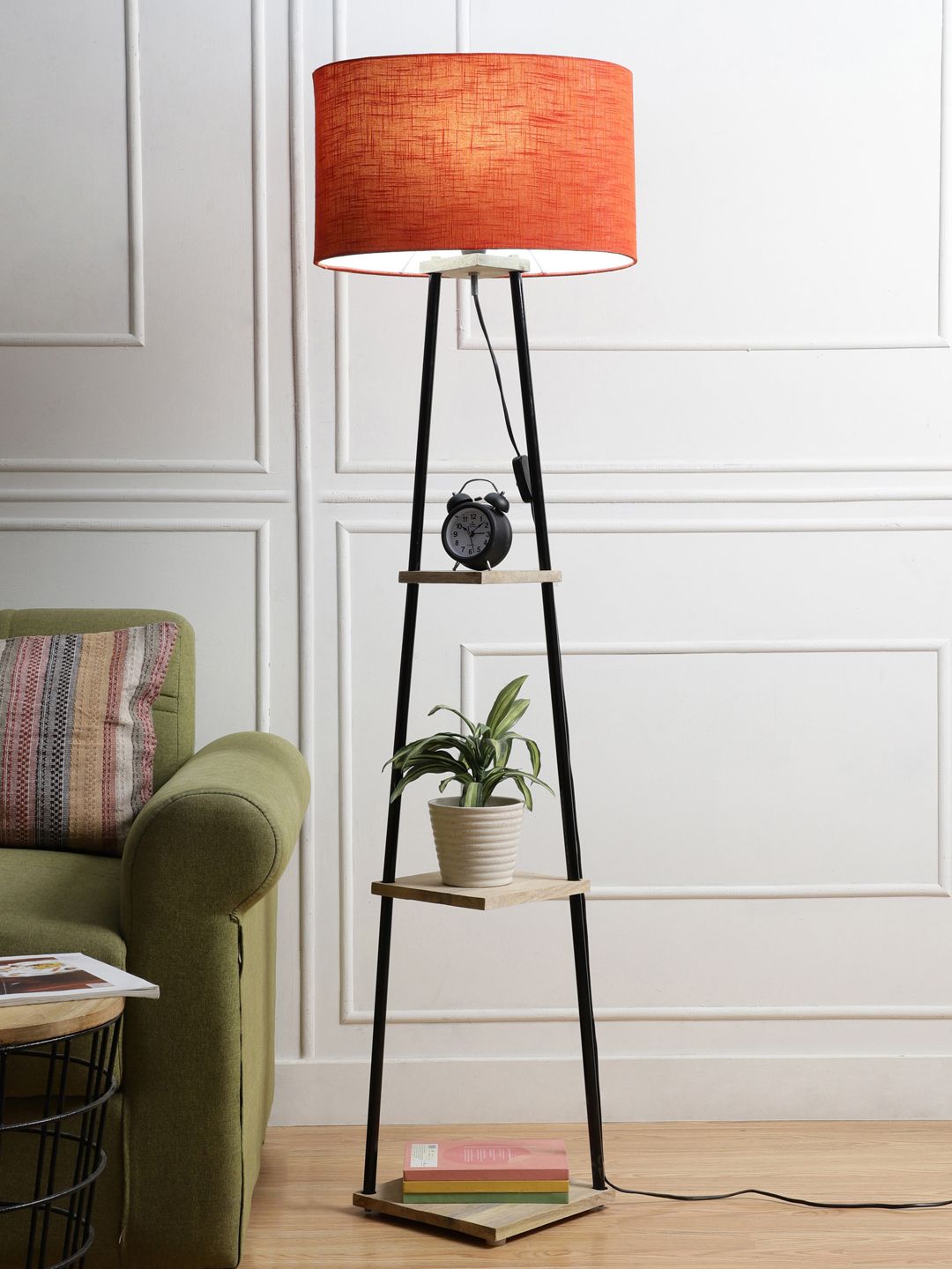 SANDED EDGE Black & Red 3-Tier Wooden Floor Lamp With Shade Price in India