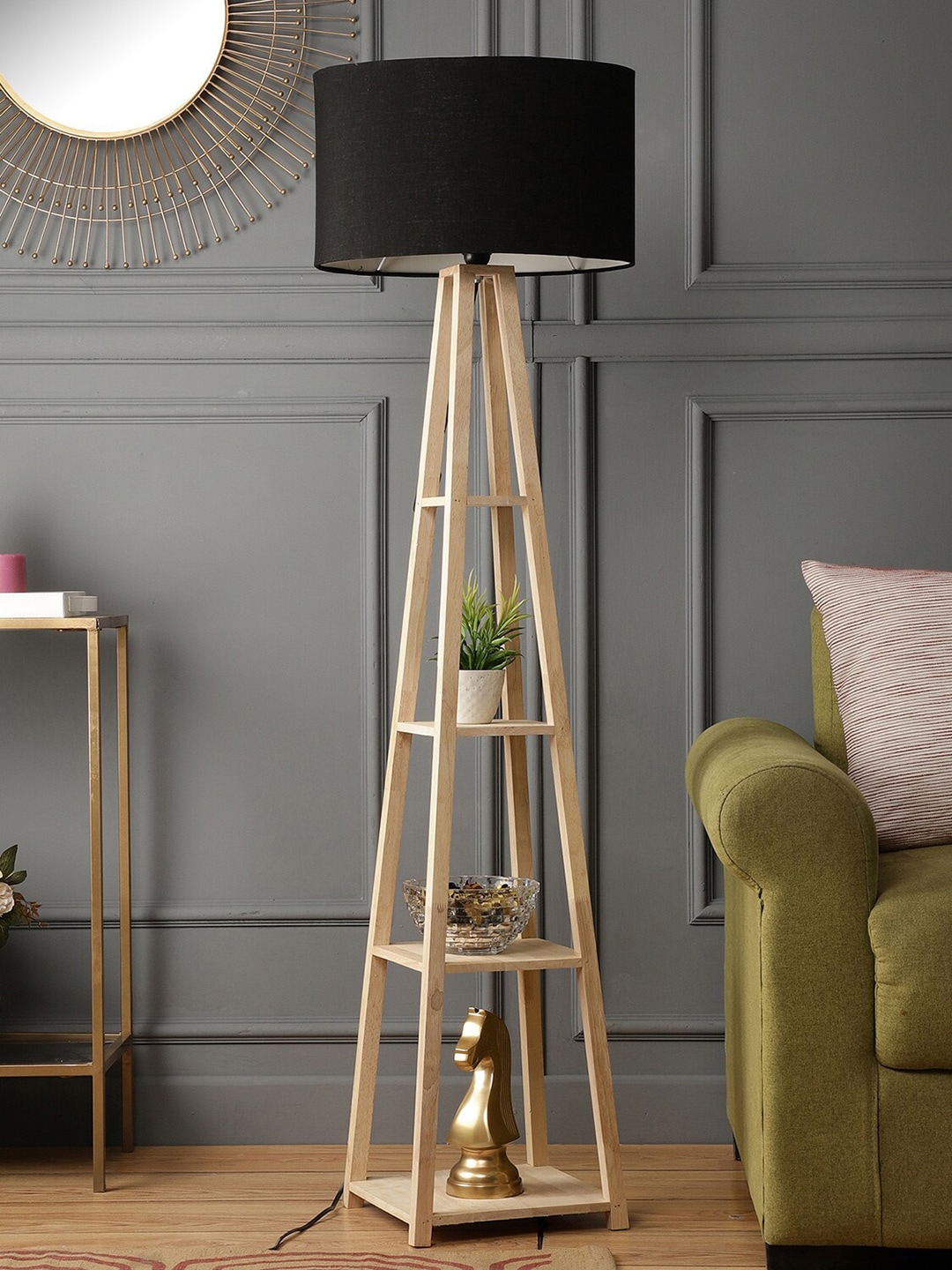 SANDED EDGE Beige & Black 3-Tier Wooden Floor Lamp With Shade Price in India