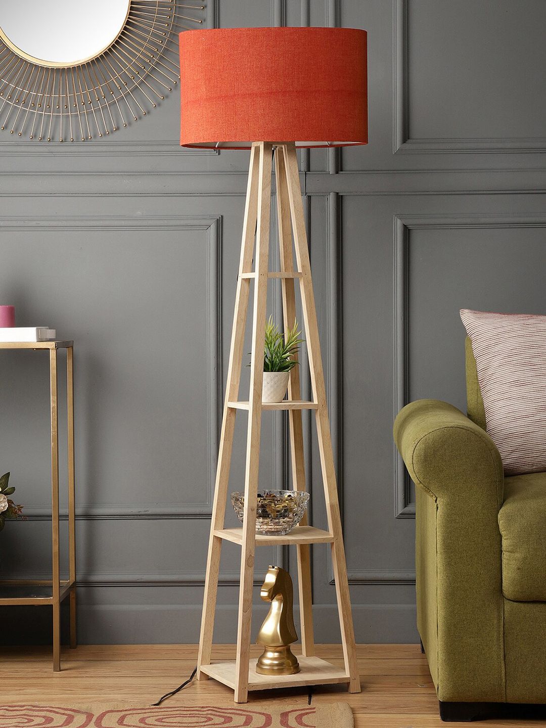 SANDED EDGE Beige & Red 3-Tier Wooden Floor Lamp With Shade Price in India