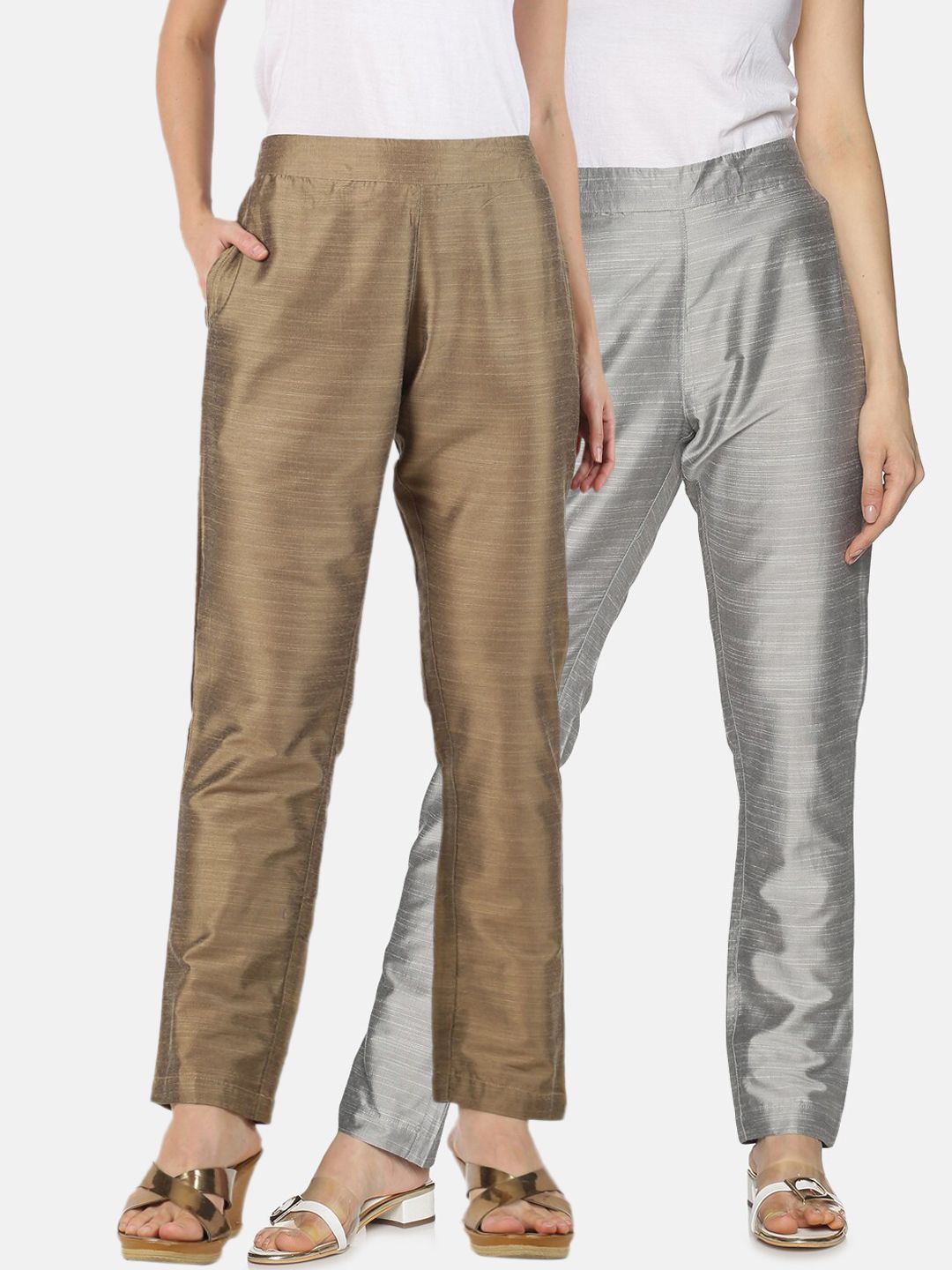 Saffron Threads Women Pack of 2 Silver & Gold-Toned Solid Trousers Price in India