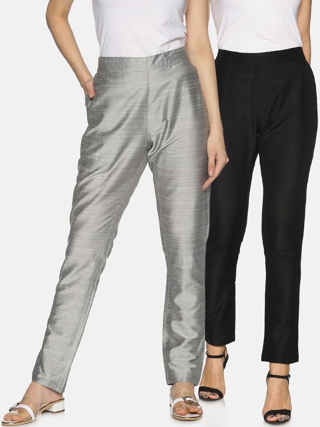 Saffron Threads Women Pack of 2 Silver-Toned Original Easy Wash Trousers Price in India