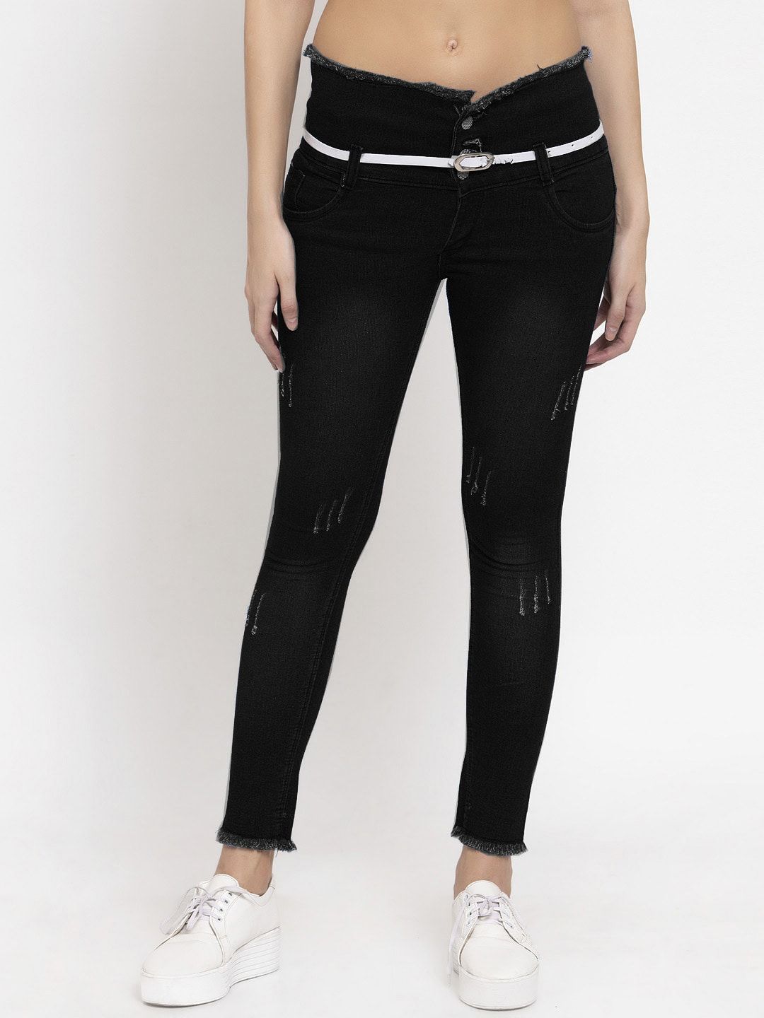 KLOTTHE Women Black Skin Tight Skinny Fit Low Distress Light Fade Stretchable Cotton Jeans Price in India