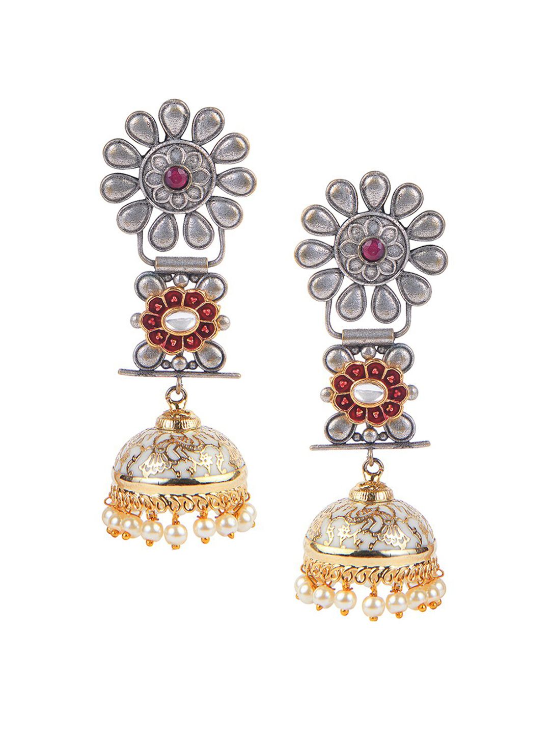 CURIO COTTAGE Gold-Toned Floral Silver Plated Jhumka Earrings Price in India