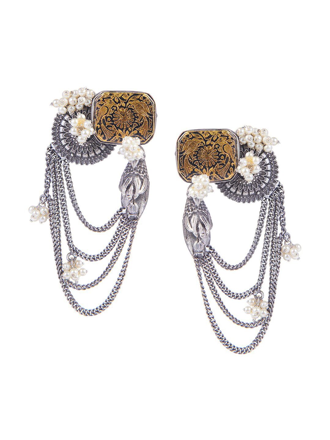 CURIO COTTAGE Gold-Toned & Silver-Plated Oxidised Layered Chain Drop Earrings Price in India