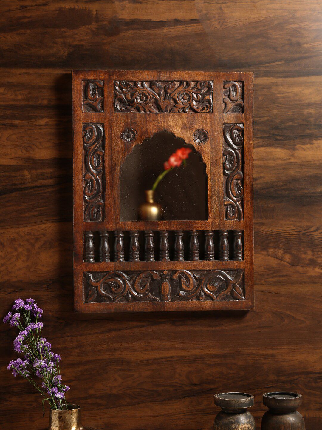 Amoliconcepts Brown Textured Antique Wood Wall Mirror Price in India