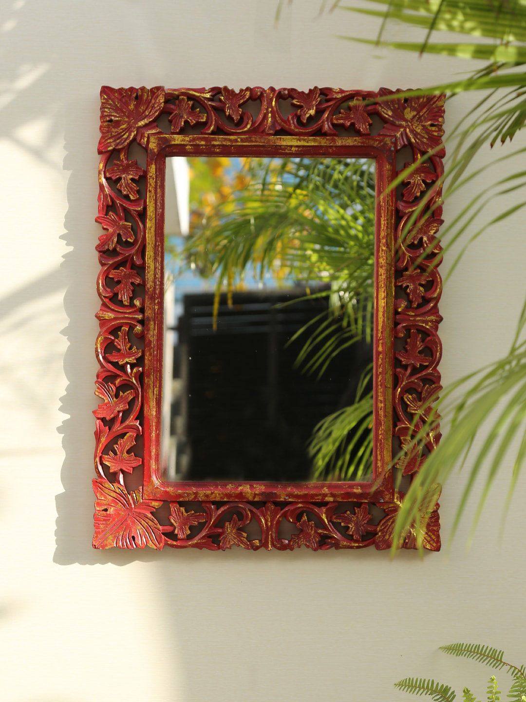 Amoliconcepts Red & Gold-Toned Textured Designed Mirrors Price in India