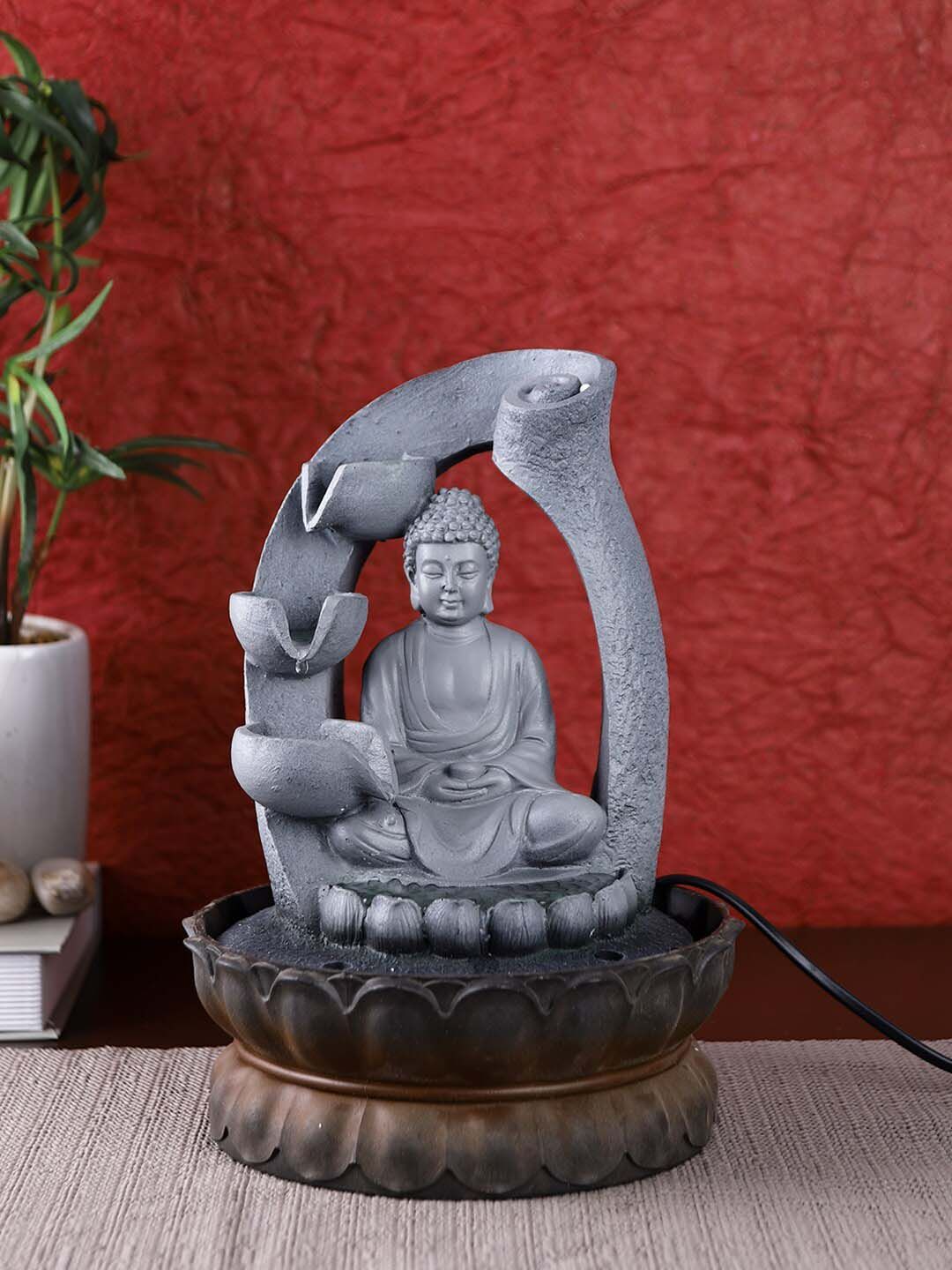 TAYHAA Grey Handcrafted Lotus Buddha Flowing Water Indoor Fountain with Light Price in India