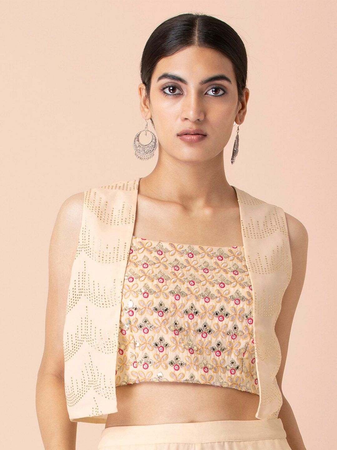 INDYA Women Beige Printed Ethnic Embroidered Crop Shrug Price in India