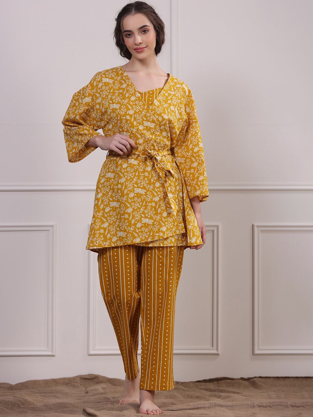 JISORA Women Yellow Printed Pure Cotton Night suit Price in India