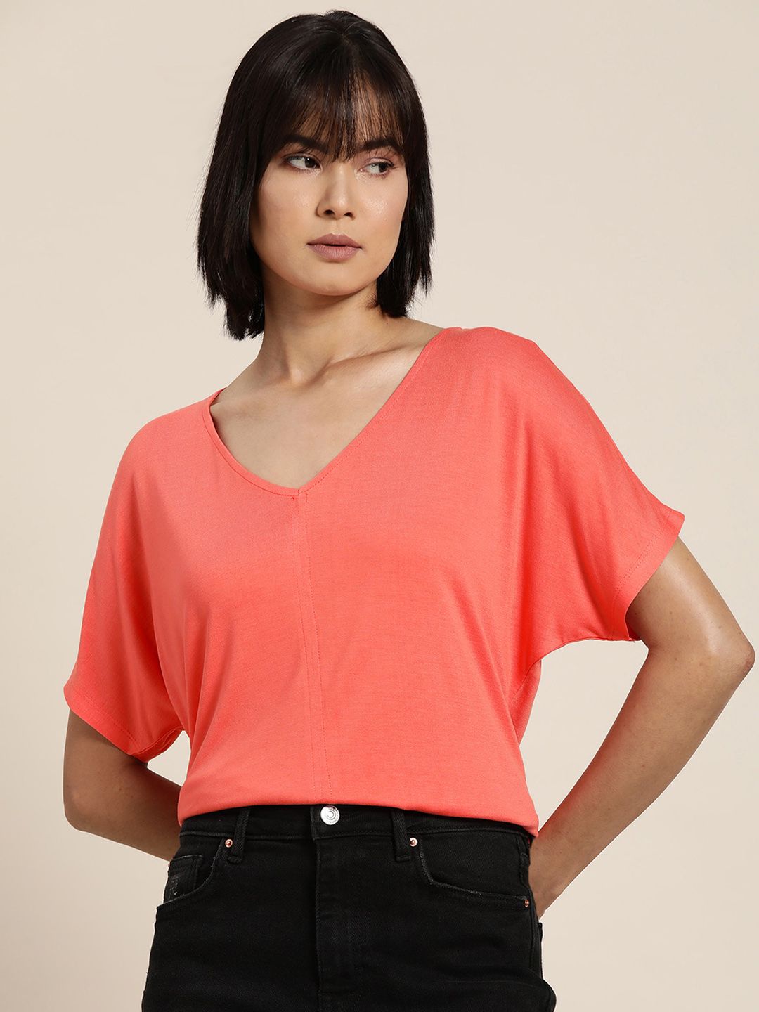 ether Coral Red Extended Sleeves Top Price in India