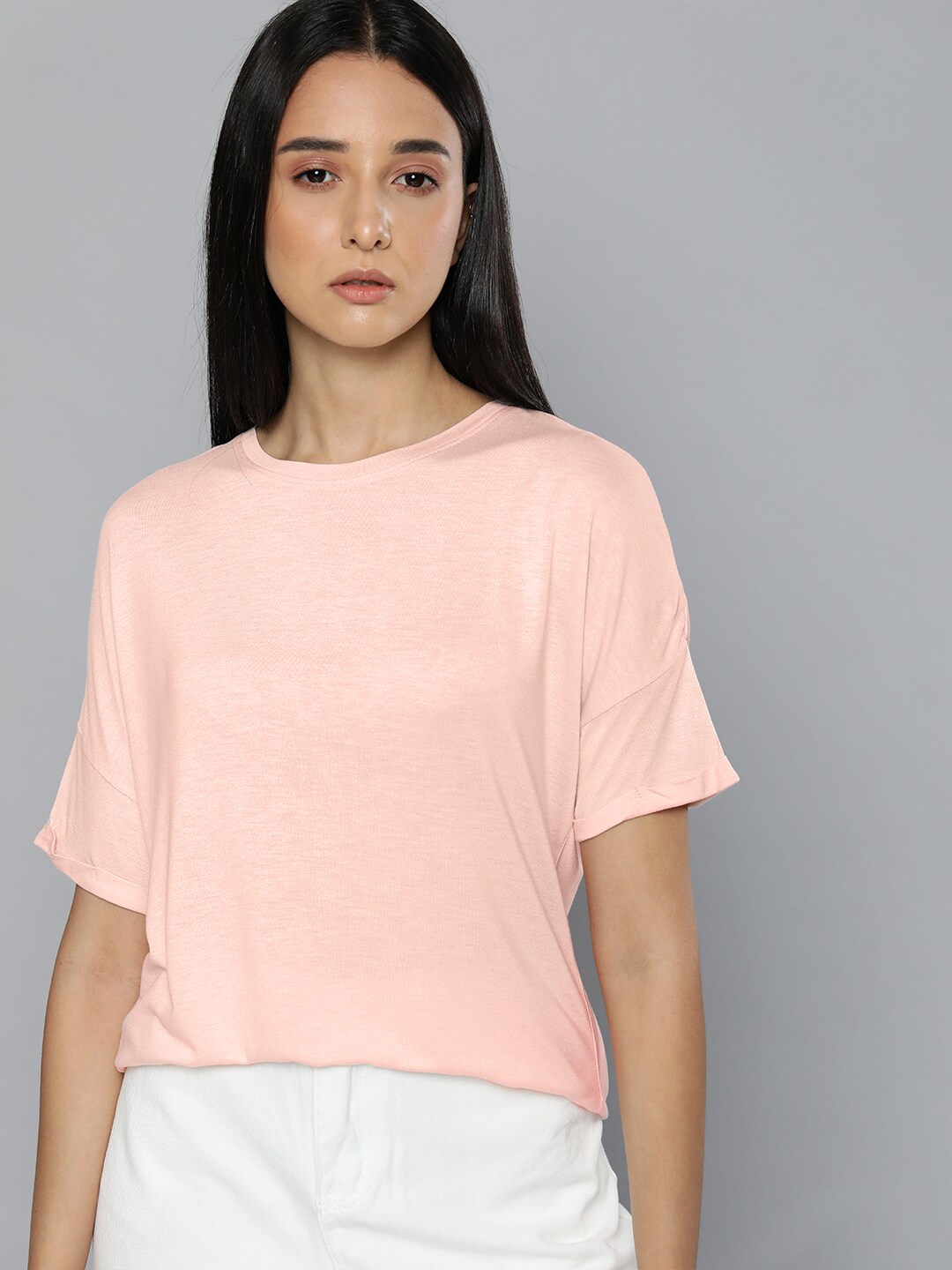 ether Women Peach-Coloured Solid Drop-Down Sleeves Top Price in India