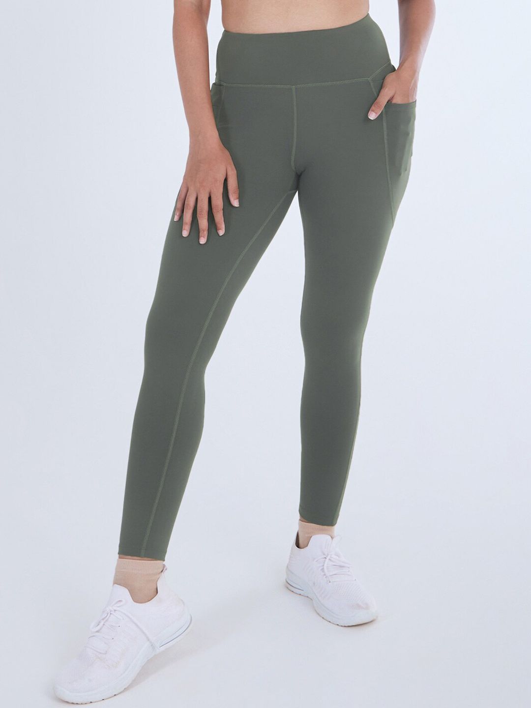 BlissClub Women Olive High Waist Pocket Goals Leggings with 6 Pockets Price in India