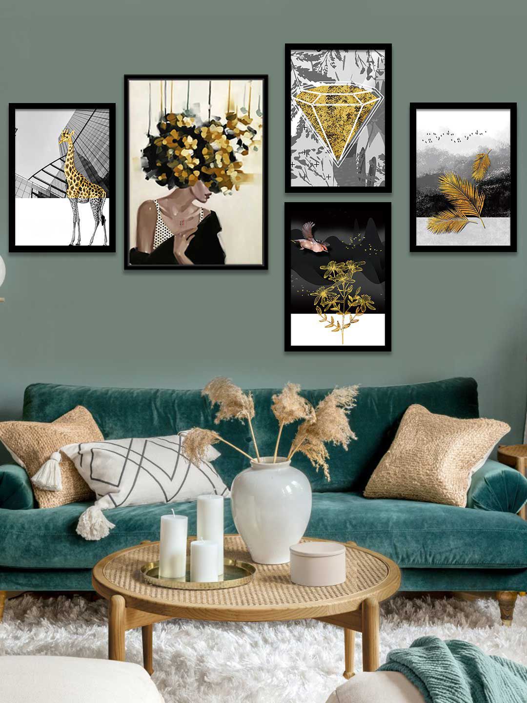 Art Street Set of 5 Girl Flower Bouquet Framed Canvas Art Print Price in India