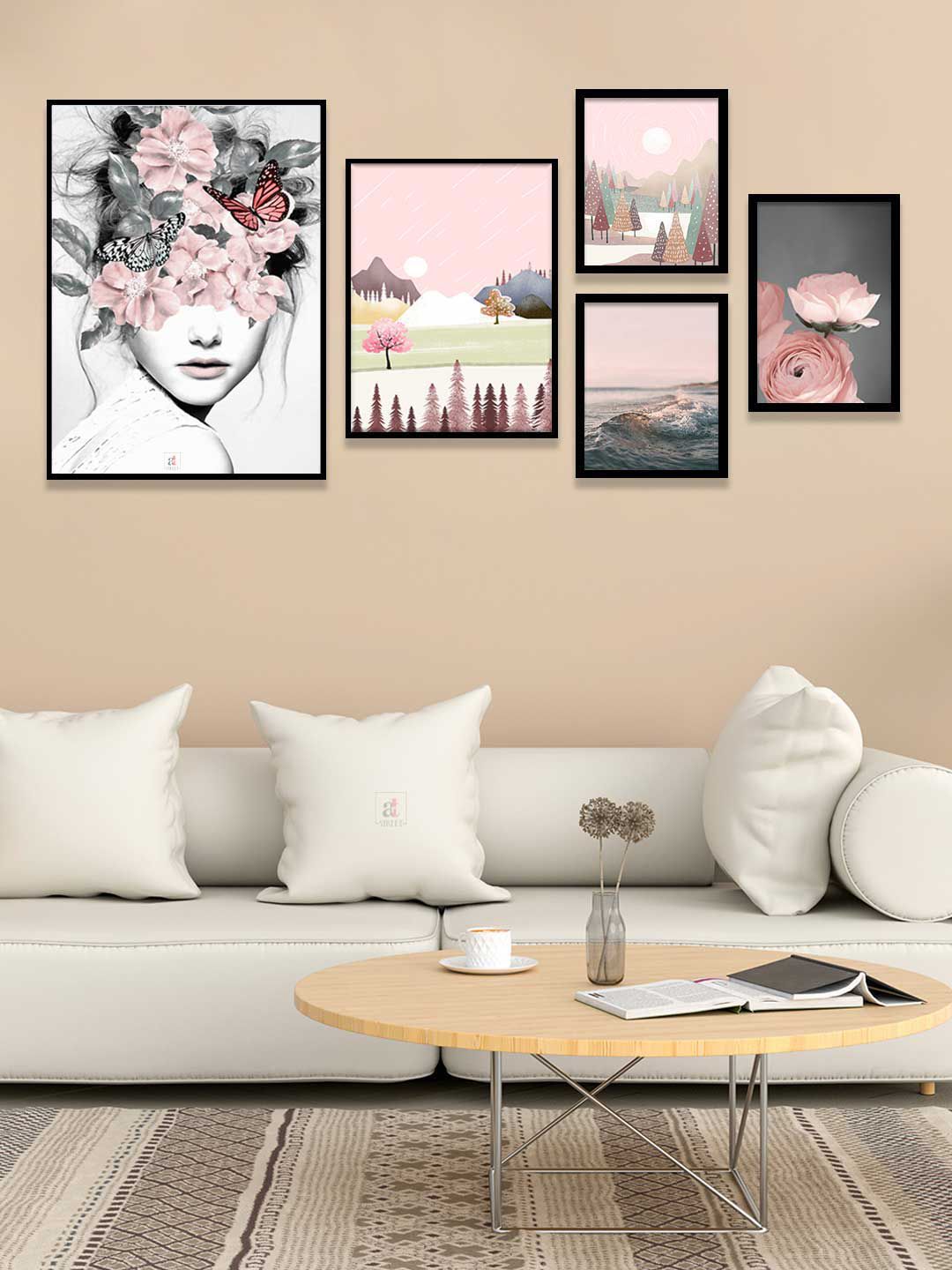 Art Street Set Of 5 Pink Girl Flower Bouquet Framed Canvas & Framed Art Print Wall Art Price in India