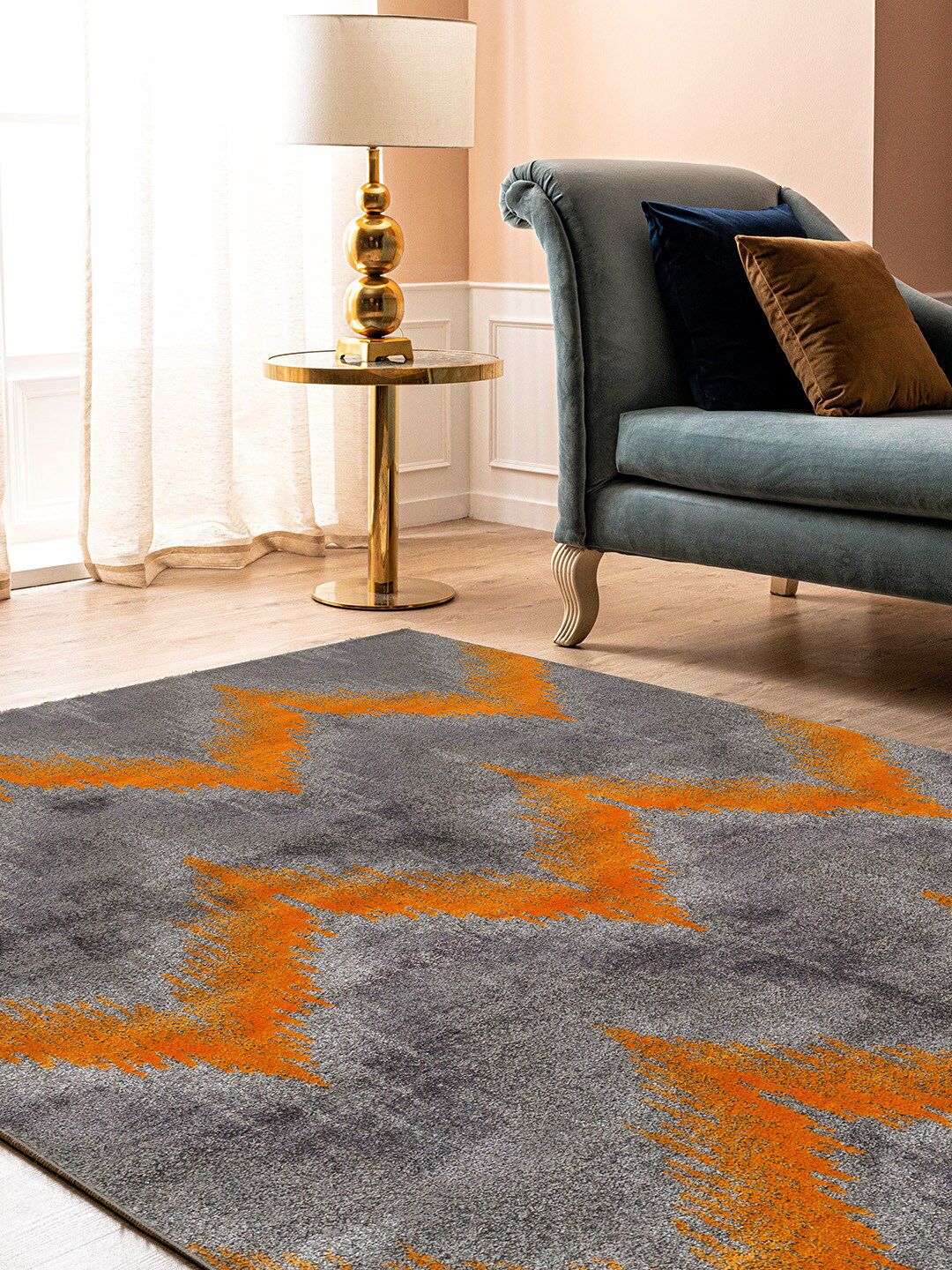 DDecor Grey & Orange Striped Floor Carpet Price in India
