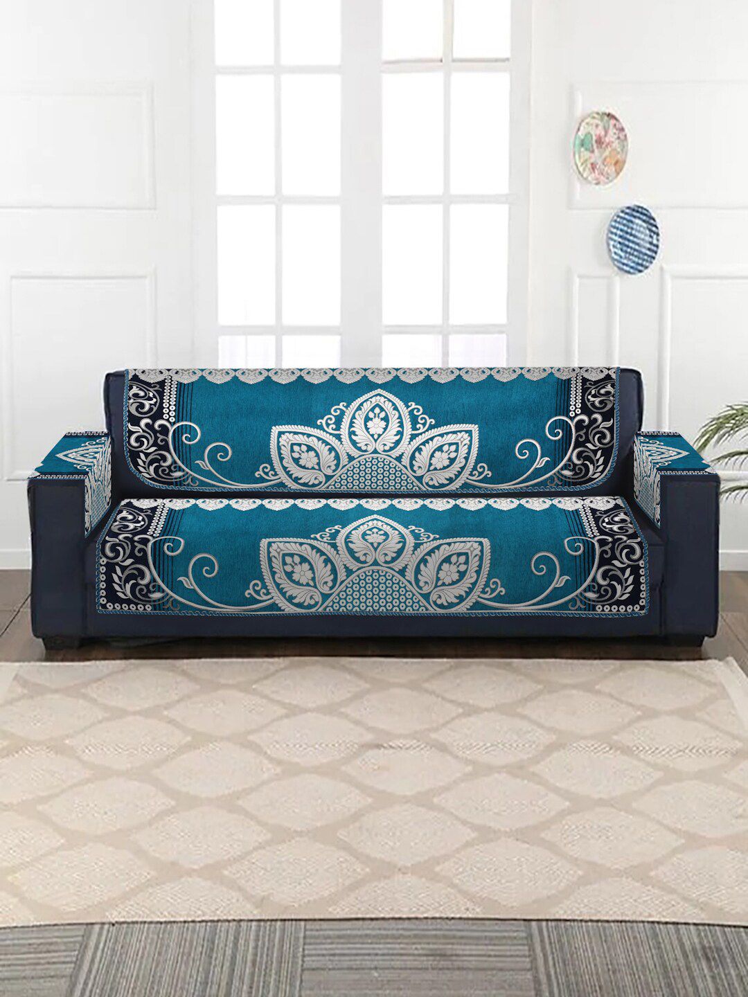 MULTITEX Set of 16 Blue Ethnic Motifs Sofa Cover Price in India