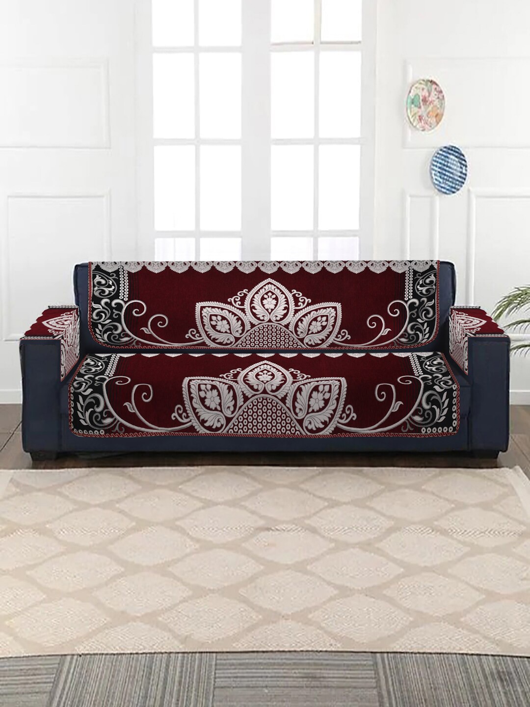 MULTITEX Set of 16 Maroon Self-Design Jacquard Sofa Covers Price in India
