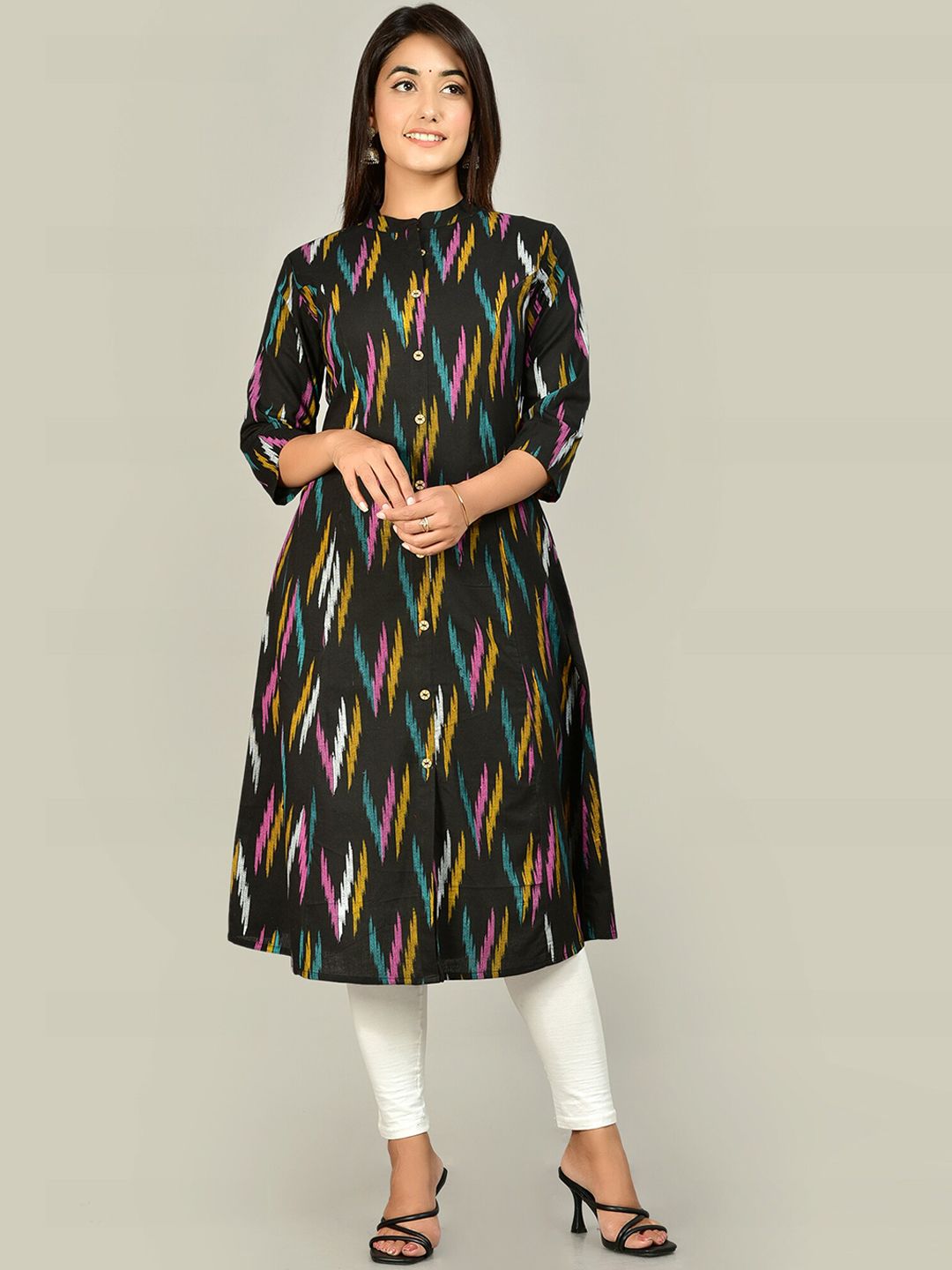 KALINI Women Black Cotton A-Line Kurta Price in India