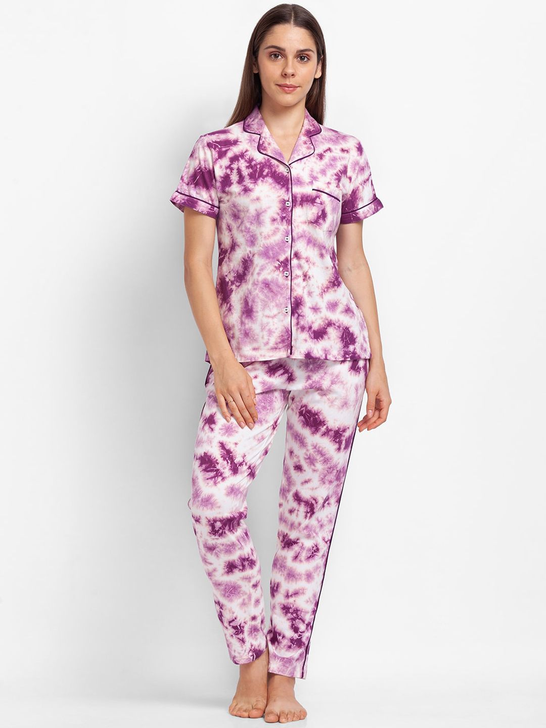XIN Women Purple & White Tie & Dye Printed Pure Cotton Night Suit Price in India